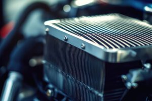 Close de intercooler automotivo em destaque no cofre do motor, ilustrando manutenção do intercooler, resfriamento do ar e desempenho de veículos turbinados.